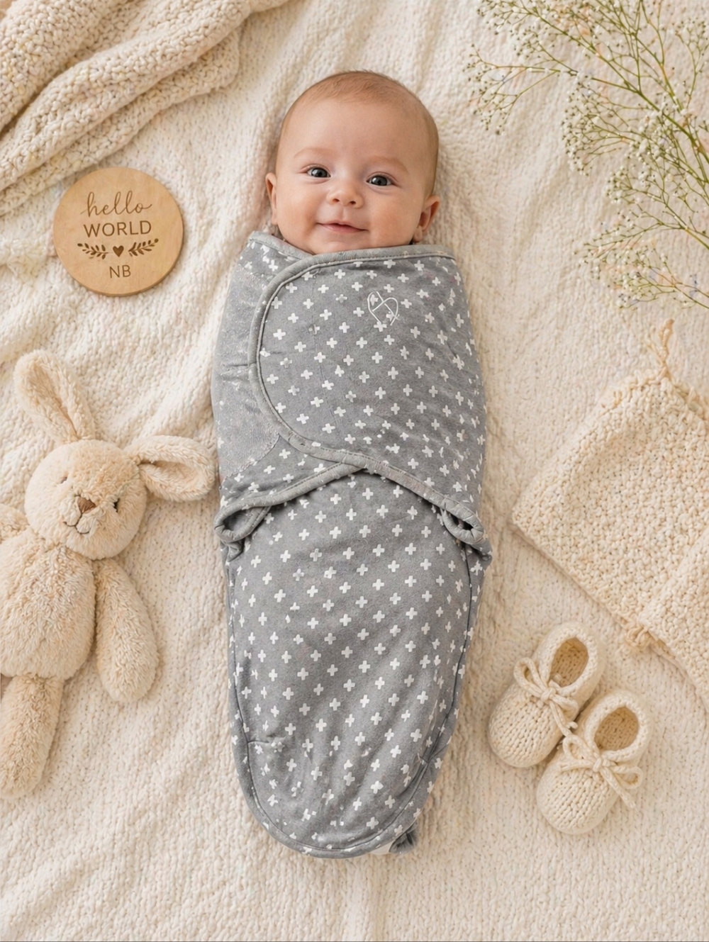 SwaddleMe Gray Cross Print Velcro Swaddle | SM/MED (Infant)